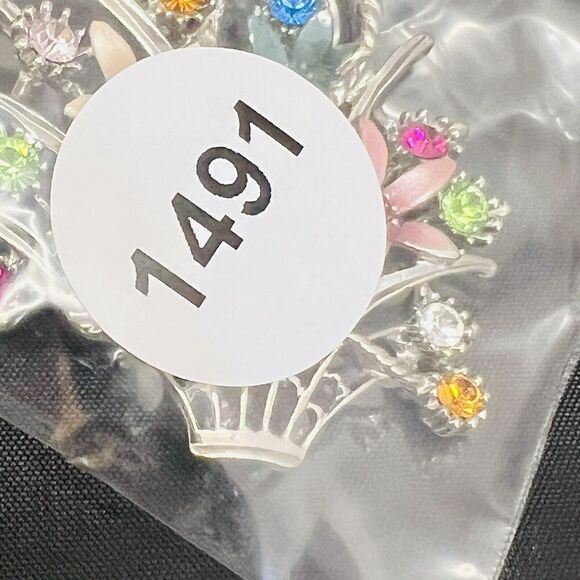 Vintage Rhinestone Enamel Flower Basket Brooch Floral Silver Spring Summer 1491 - Picture 10 of 10